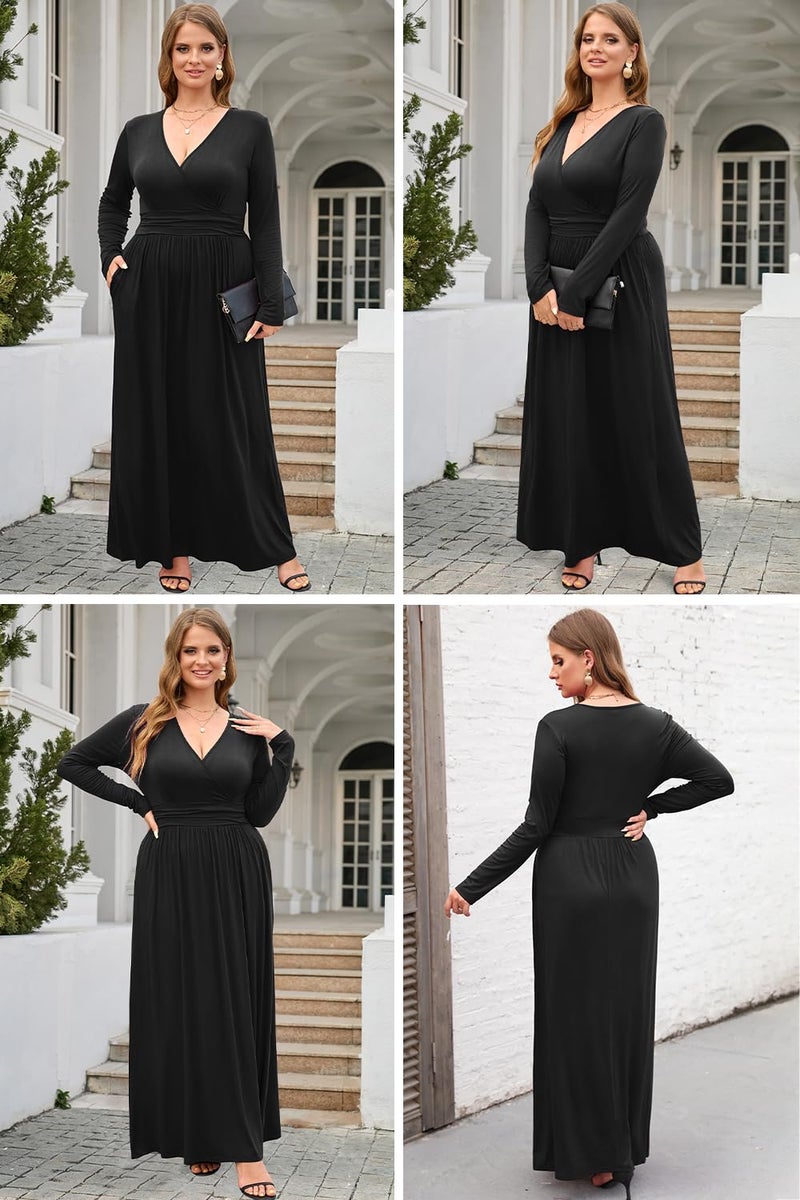 OUGES Womens Long Sleeve Black Dress V-Neck Wrap Waist Fall Formal Maxi Dress Winter Dresses for Women 2026(Black,XXL) - Image 4